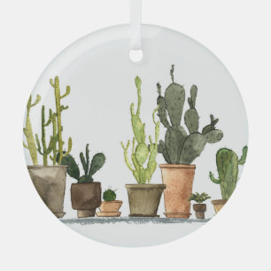 Green Watercolor Cacti: Hand Drawn Pots Glass Ornament
