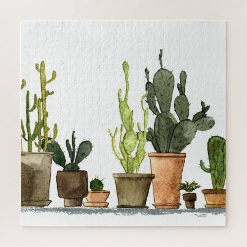 Green Watercolor Cacti Hand Drawn Pots Jigsaw Puzzle