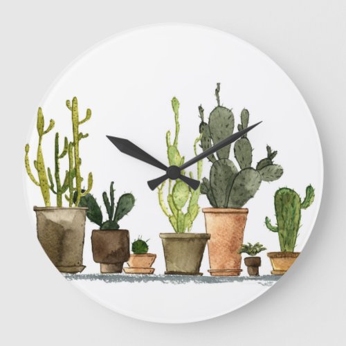 Green Watercolor Cacti Hand Drawn Pots Large Clock