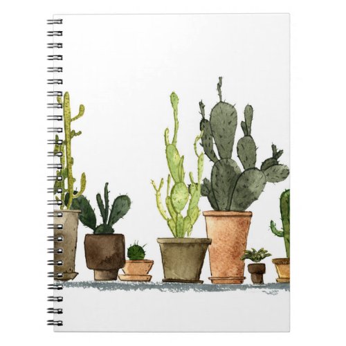 Green Watercolor Cacti Hand Drawn Pots Notebook