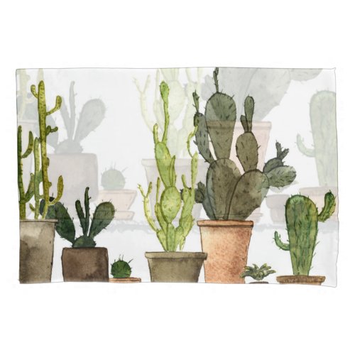 Green Watercolor Cacti Hand Drawn Pots Pillow Case