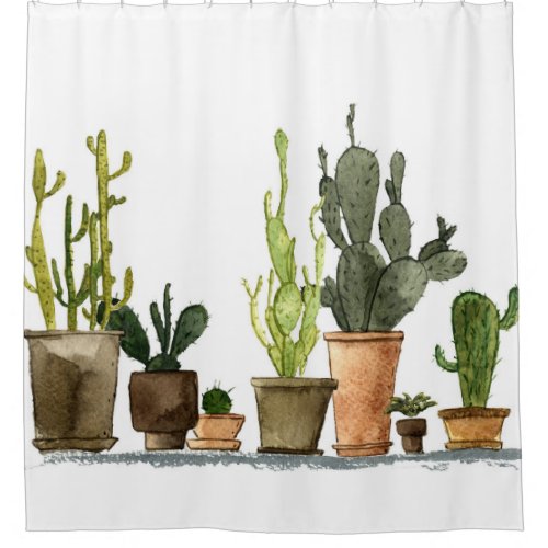 Green Watercolor Cacti Hand Drawn Pots Shower Curtain