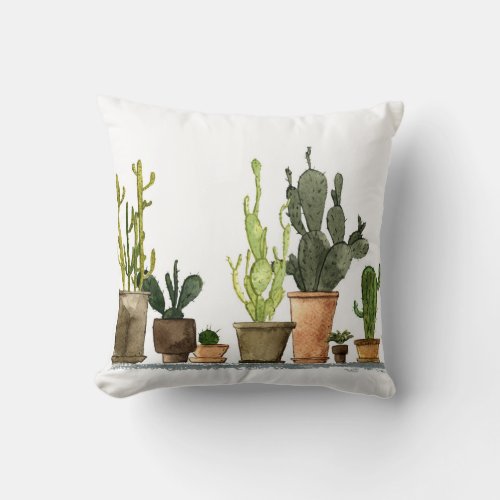 Green Watercolor Cacti Hand Drawn Pots Throw Pillow