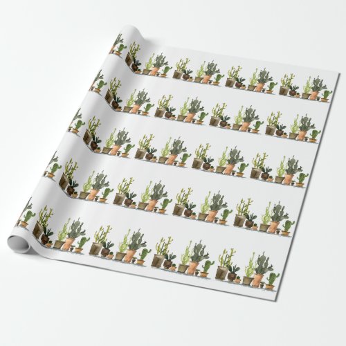 Green Watercolor Cacti Hand Drawn Pots Wrapping Paper