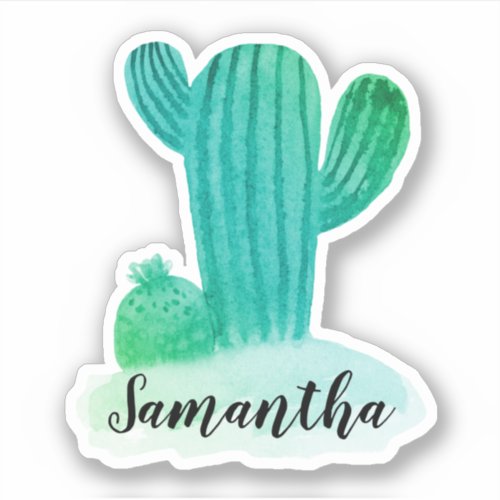 Green Watercolor Cactus Name Sticker