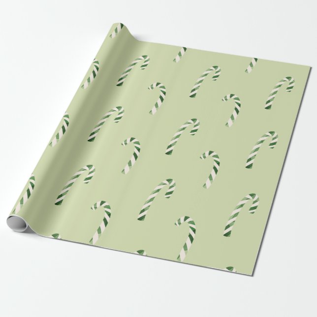 Green Watercolor Candy Canes Christmas Pattern Wrapping Paper (Unrolled)