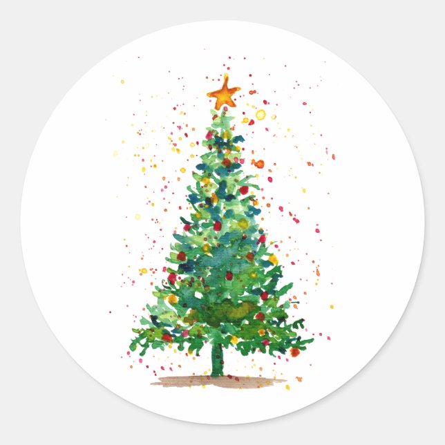 Green Watercolor Christmas Tree Classic Round Sticker (Front)