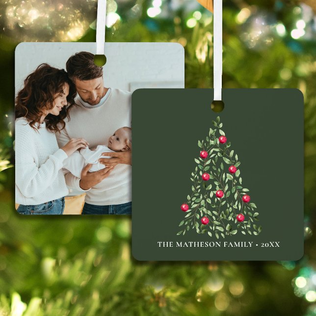 Green Watercolor Christmas Tree Personalized Photo Metal Ornament (Elegant Personalized photo family Christmas ornament with watercolor foliage Tree and red ornaments)