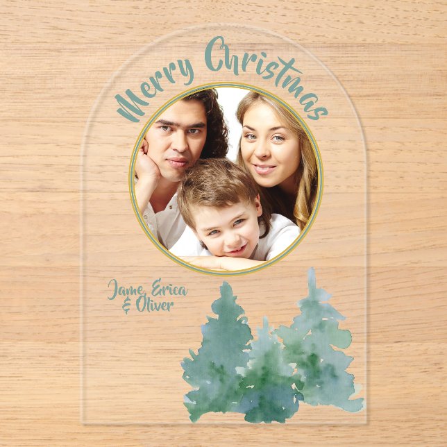 Green Watercolor Christmas Tree Photo Holiday Card Acrylic Invitations (Front)