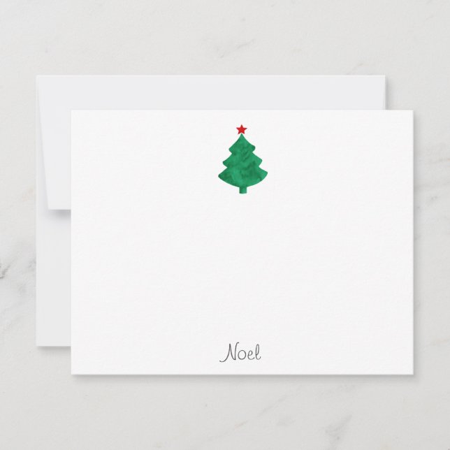 Green Watercolor Christmas Tree & Red Star Note Card (Front)