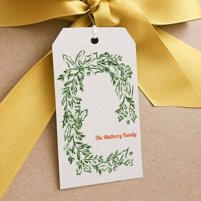 Green Watercolor Christmas Wreath Gift Tag (Watercolor Christmas wreath personalized family name gift tags.)