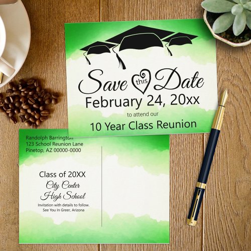 Green Watercolor Class Reunion Save The Date Postcard