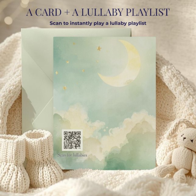 Green Watercolor Clouds Moon QR Lullabies Card (Modern green moon nursery card with an interactive QR code linking to a dreamy Spotify playlist.)