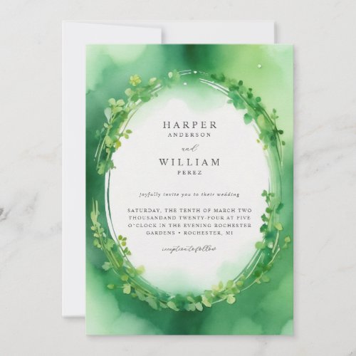 Green watercolor clover wreath wedding invitation