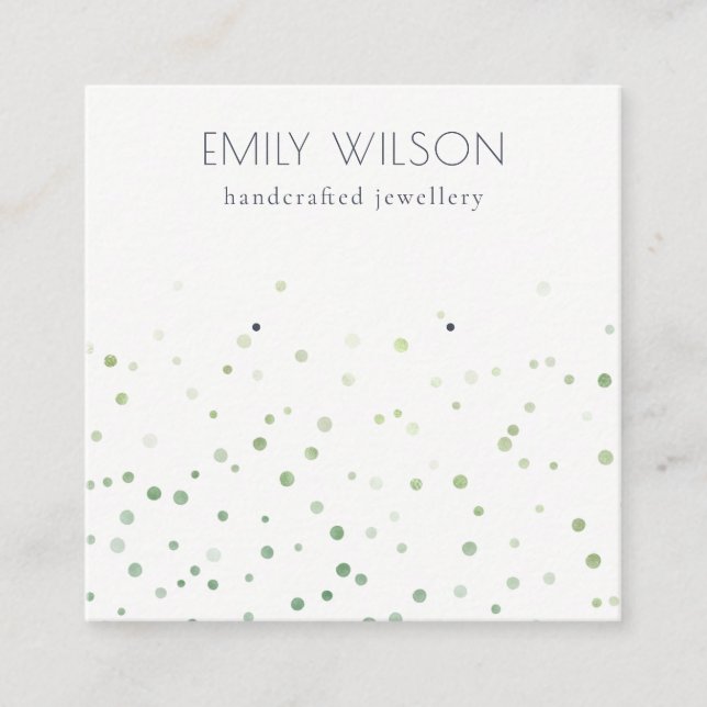 Green Watercolor Confetti Stud Earring Display Square Business Card (Front)