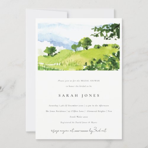 Green Watercolor Countryside Hills Bridal Shower Invitation
