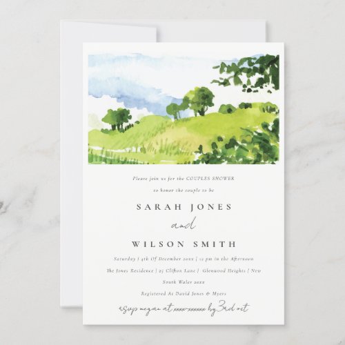 Green Watercolor Countryside Hills Couples Shower Invitation