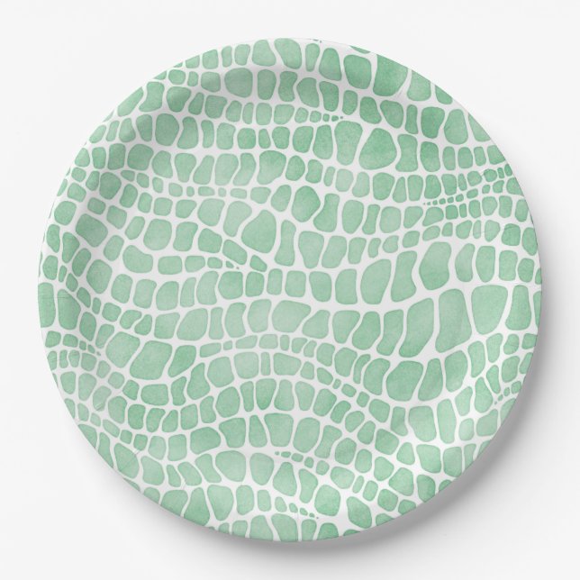 Green Watercolor Crocodile Skin Pattern Paper Plates (Front)