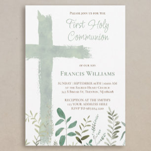 green watercolor cross First Communion Invitation