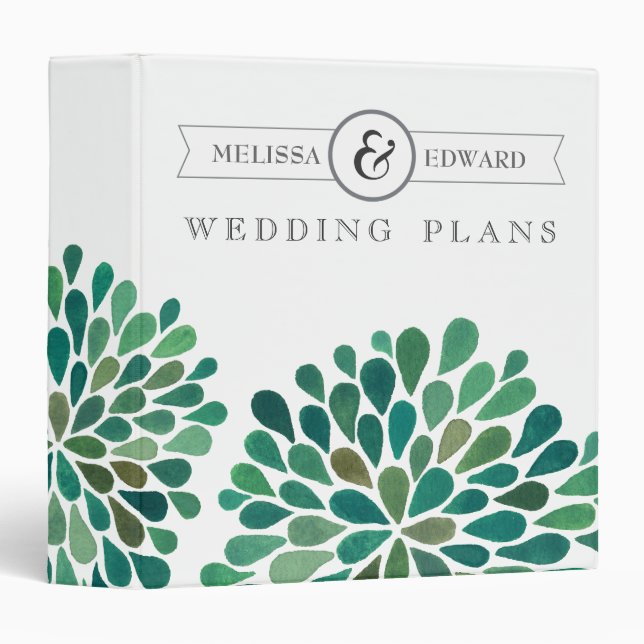 Green Watercolor Dahlias Wedding Planner Binder (Front/Spine)