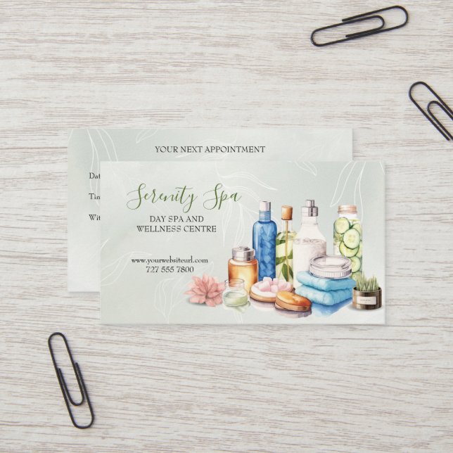 Green Watercolor Day Spa and Wellness Appointment Business Card (Front/Back In Situ)
