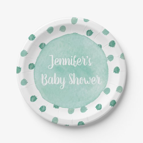 Green Watercolor Dinosaur Baby Shower Paper Plate