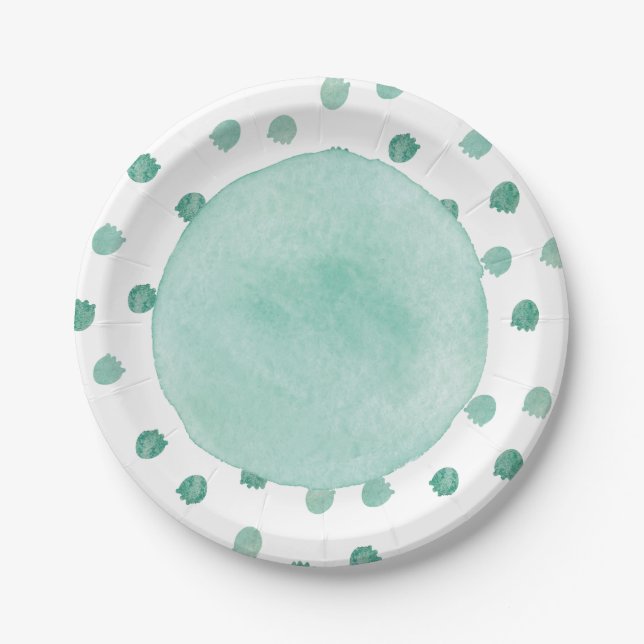 Green Watercolor Dinosaur Baby Shower Paper Plates (Front)