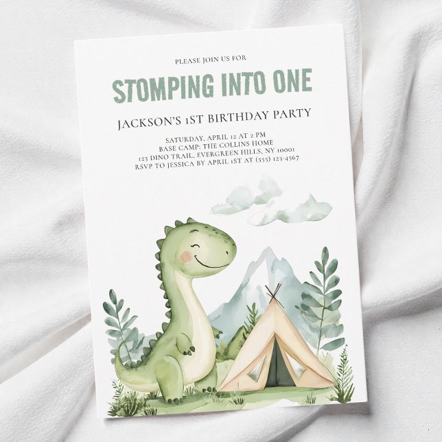 Green Watercolor Dinosaur Boys 1st Birthday Party Invitation (Green Watercolor Dinosaur Boys 1st Birthday Party Invitation)