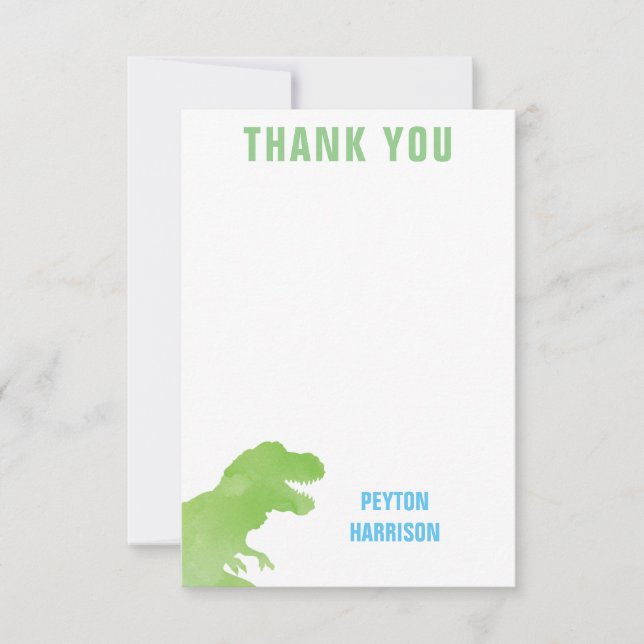Green Watercolor Dinosaur Personalized Thank You Card (Front)