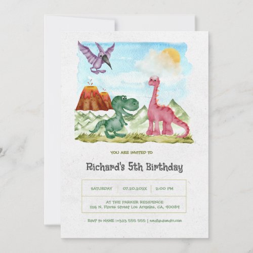 Green Watercolor Dinosaurs Birthday Party Invitation