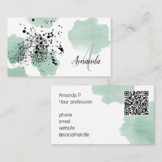 Green Watercolor Dotted QR Code Custom Business Card