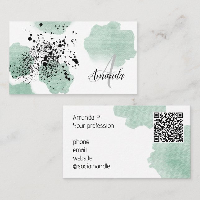 Green Watercolor Dotted QR Code Custom Business Card (Front/Back)