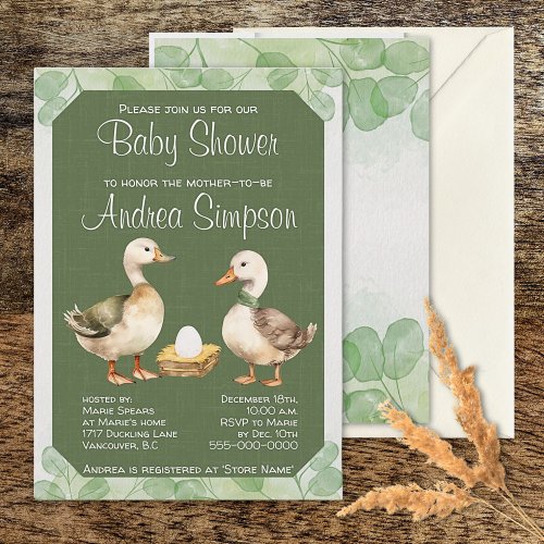 Green Watercolor Ducks and Egg Baby Shower Invitation