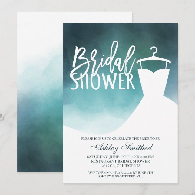 Green watercolor elegant chic dress Bridal shower Invitation (Front/Back)