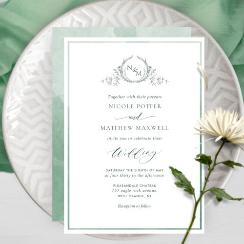 Green Watercolor Elegant Monogram Wedding Invitat Invitation