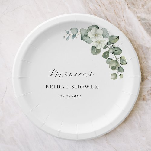 Green Watercolor Eucalyptus Floral Bridal Shower Paper Plates