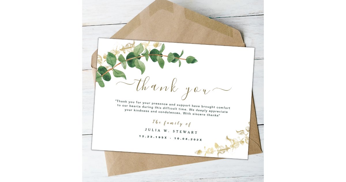 Green Watercolor Eucalyptus Funeral Thank You Note Card | Zazzle