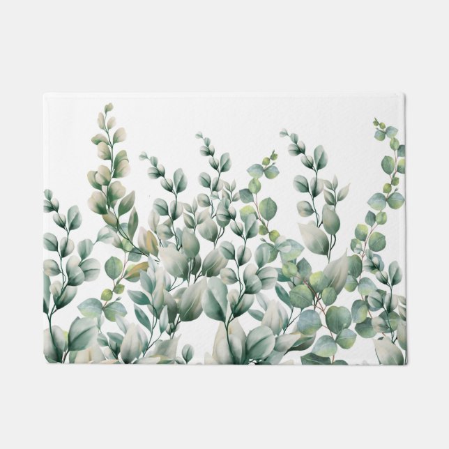 Green Watercolor Eucalyptus Leaf Doormat (Front)