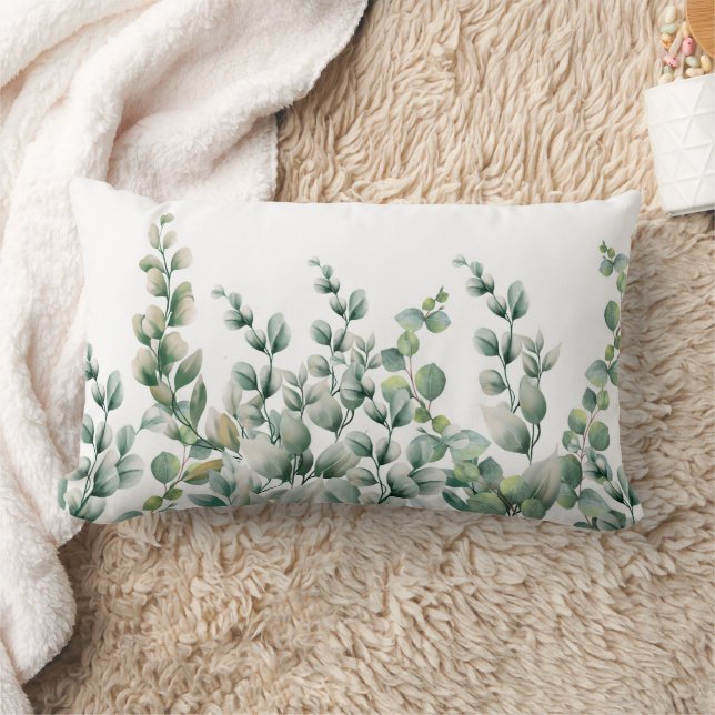 Green Watercolor Eucalyptus Leaf Lumbar Pillow (Blanket)