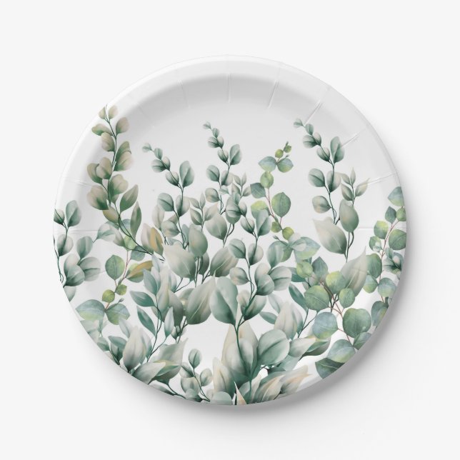Green Watercolor Eucalyptus Leaf Paper Plates (Front)