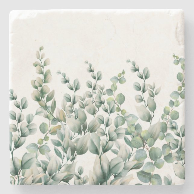 Green Watercolor Eucalyptus Leaf Stone Coaster (Front)