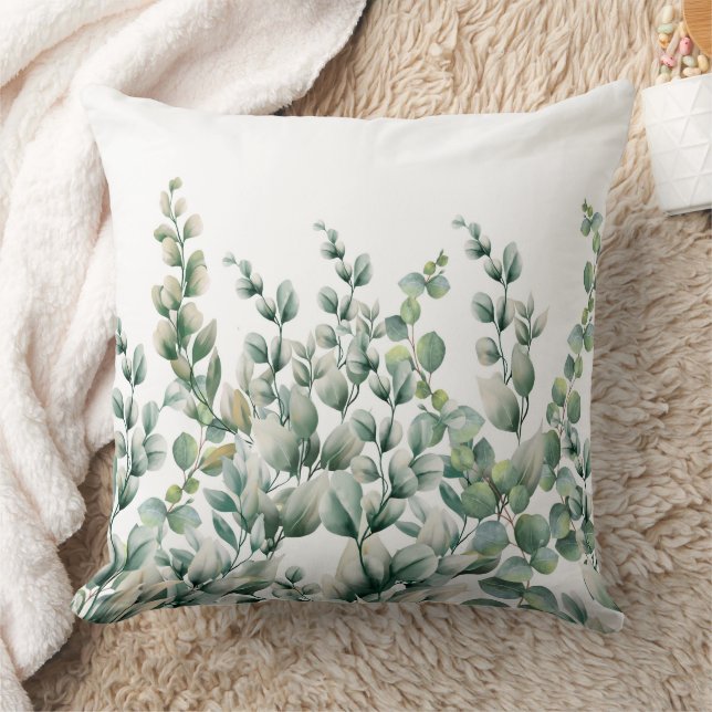 Green Watercolor Eucalyptus Leaf Throw Pillow (Blanket)