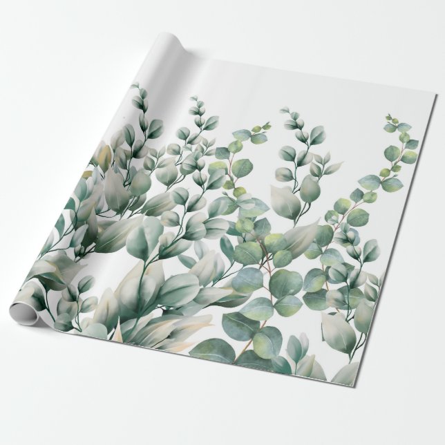 Green Watercolor Eucalyptus Leaf Wrapping Paper (Unrolled)