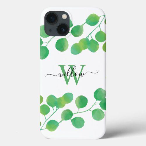 Green Watercolor Eucalyptus Leaves Monogram  iPhone 13 Case