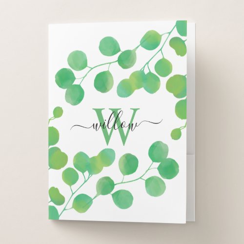 Green Watercolor Eucalyptus Leaves Monogram  Pocket Folder