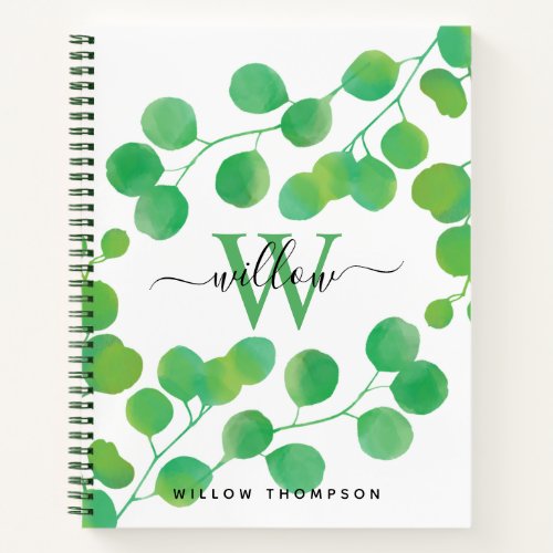 Green Watercolor Eucalyptus Leaves Monogram Recipe Notebook