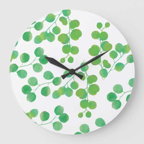 Green Watercolor Eucalyptus Leaves Pattern Large Clock