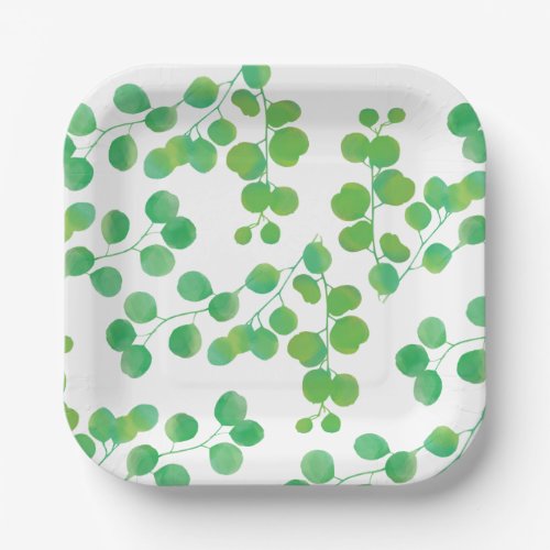 Green Watercolor Eucalyptus Leaves Pattern Paper Plates