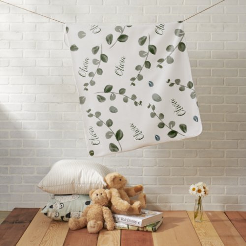 Green Watercolor Eucalyptus Repeated Baby Name Fle Baby Blanket