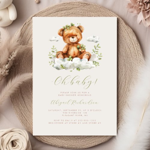 Green Watercolor Eucalyptus Teddy Bear Baby Shower Invitation